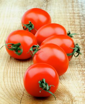 Fresh Ripe Cherry Tomatoes In a Row with Twigs on Rustic Wooden background. Focus on Foreground