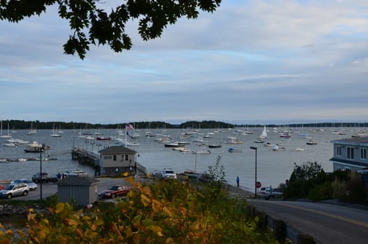 View of Falmouth Maine coastal area with boats moored.