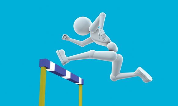 3d - illustration. puppet, people - man person, athlete, jumping through a barrier, isolated on blue background. Copy space.
