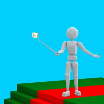 3D illustration. Puppet people. Person on the red carpet. Posing and makes selfi. Copy space.