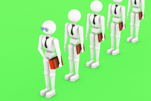 Illustration 3D white men. Puppet  person, human . Businessman with a big contract is the first in the queue. Isolated soft shadow on blue background