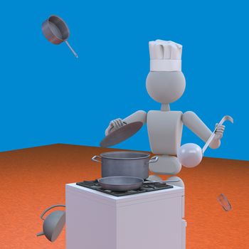 3d - illustration, a person cook, fun and deftly manipulates the dishes, preparing food