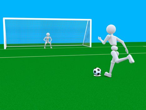 3d - illustration person playing soccer on the sports field, one player stands at the gate, and the other carries a penalty. Copy space