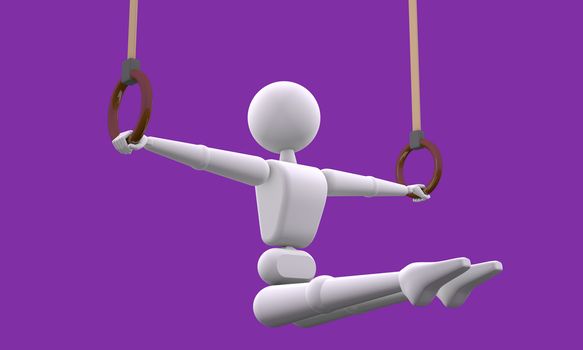 3d - illustration, people - man person, the athlete performs a forceful movement in sports equipment, discipline - rings. Isolated lilac background.