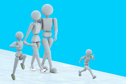 3D illustration. Puppet humans. Friendly and cheerful family on vacation. Rushing to entertainment. On blue background and gray pavement. Copy space.