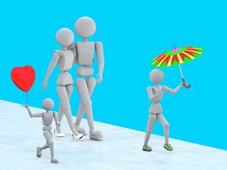 3D illustration. Puppet people. Cheerful family couple walking with children. Going down the path. On a blue background. Copy space