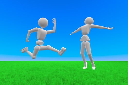 3D illustration. Puppet humans. Couple of young people, high-spirited jumping. Against the background of sky and grass. Copy space