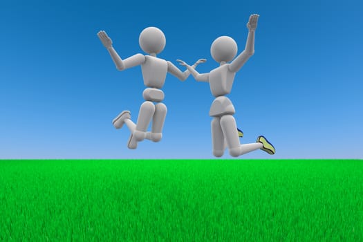 3D illustration. Puppet humans. Couple of young people, amusement, fun jumping. Against the background of sky and grass. Copy space