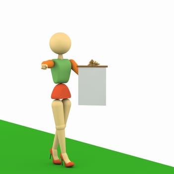 3D illustration. Puppet person, people. Young girl in green blouse and brown skirt, holding blank poster. Isolated with soft shadow, white background and a green track.