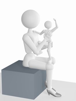 3d, illustration, model of human behavior, mom sits on the cube and holding a happy and cheerful child, on a white background with soft shadows.