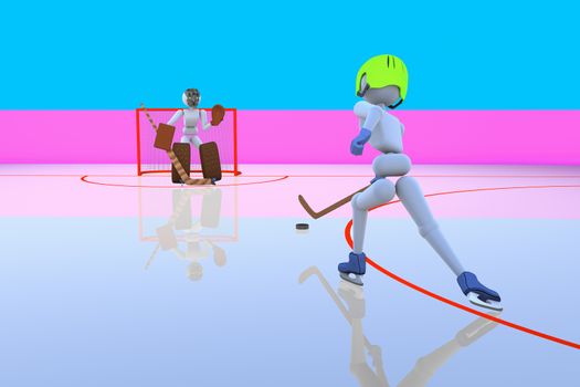 3d - illustration, person duel, hockey player and goalkeeper on the ice field. Copy space.