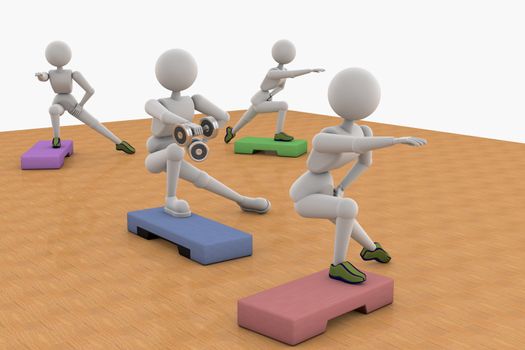 3D illustration. Puppet person, people. One white man and three women. Aerobic, fitness exercise on the parquet. The use of sports equipment to increase the load. Soft shadow.