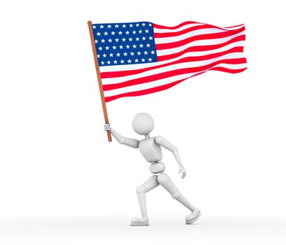 3D illustration. Puppet white man. Person proudly carries flag, the flag of the United States America. Isolated white background.