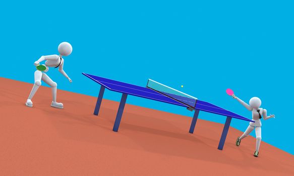 3d - illustration, people - a man and a woman puppet in ties, playing table tennis. Offset horizon. Copy space.