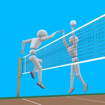 3d - illustration, a person on the volleyball court, the time jump over the net, the offensive and defensive unit. copy space