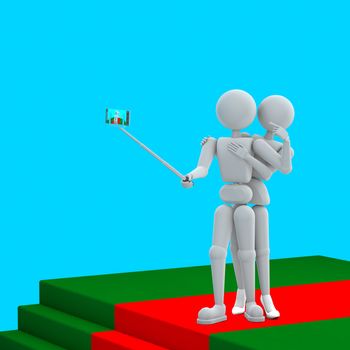 3D illustration. Puppet humans. Two person on red carpet. Posing and makes selfi, Copy space. On a blue background.