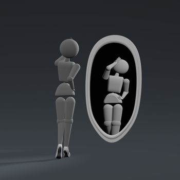 3D illustration. Puppet person, people. Elegant woman preens before a mirror. Background dark