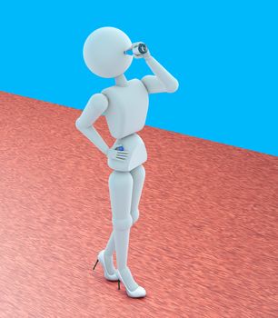 3D illustration. Puppet person, people, human. Elegant woman high heel shoes. Standing, drinking from bottle beverage, water. Blue background, brown carpet. Copy space