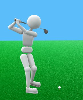 3d - illustration, a model of human behavior, the person playing golf on the platform, trains blow. Copy space