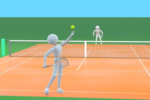 3d - illustration, a model of human behavior, the person playing tennis on the platform, does strike. Copy space