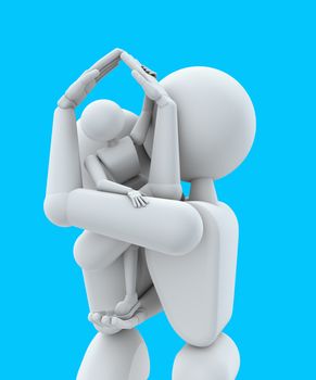 3D illustration. Puppet people. Married couple, keep child hands. Hands represent symbol home. Isolated blue background.