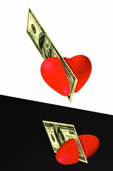 3D illustration, the abstract heart cut by a banknote, on a white background, it is reflected below on black