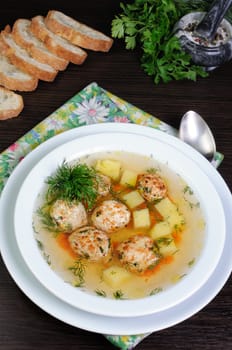 chicken broth of potatoes, carrots and meatballs sprinkled with dill