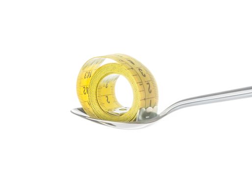 measuring tape on spoon, concept of nutrition and diet on white background