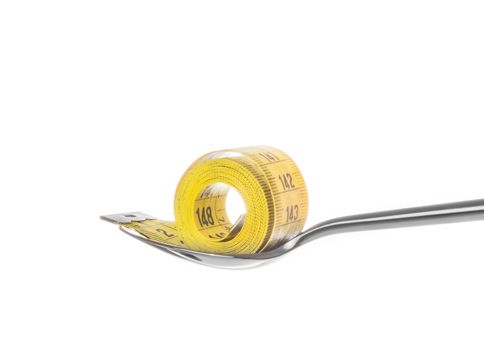 measuring tape on spoon, concept of nutrition and diet on white background