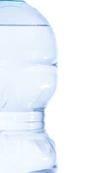 half plastic bottle with water on white background, concept of nutrition and diet with space for text