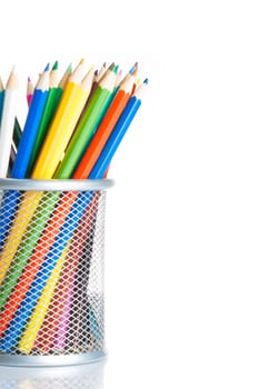 time to school,colorful pencils in container isolated on white background with space for text