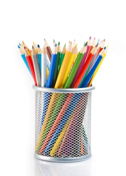 colorful pencils in container isolated on white background
