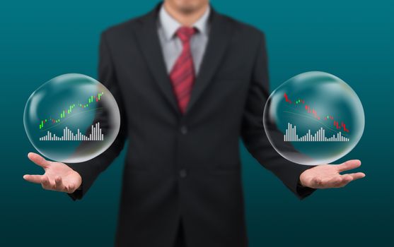 man show stock chart in bubble on hand