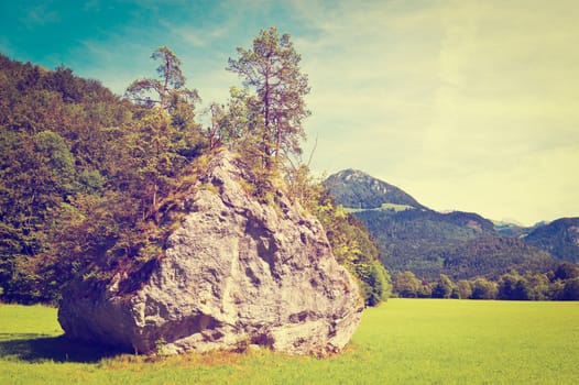 The Large Rock on the Clearing in the Bavarian Alps, Instagram Effect