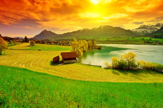 Lake Sarner on the Background of Snow-capped Alps, Switzerland