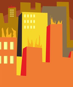 Abstract urban scene with tall buildings on fire