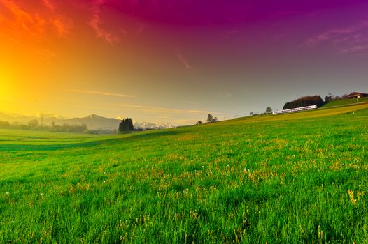 Pasture along the Railroad in Switzerland, Sunset