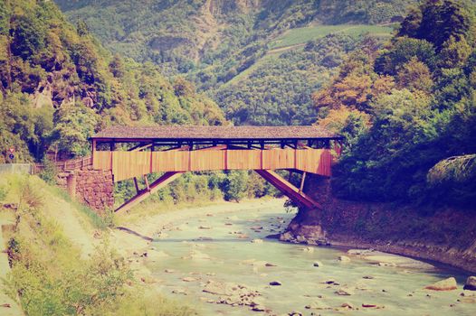 Wooden Bridge over the Adige River in Italian Alps, Instagram Effect