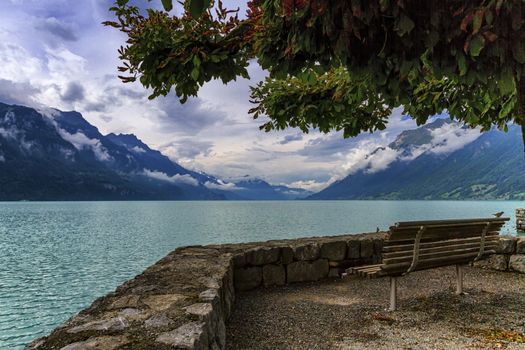 Bench at Brienz lake by cloudy peaceful day, Switzerland