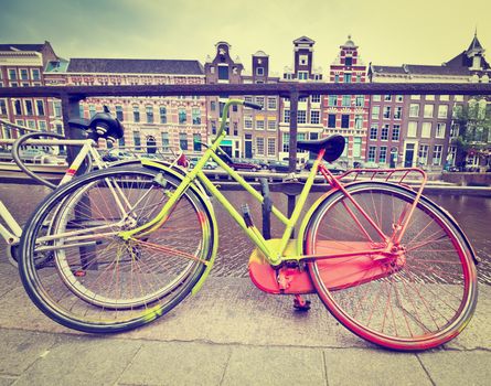 Painted Bicycle on the Embankment of Amsterdam, Instagram Effect