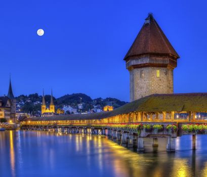 Chapel bridge or Kapellbrucke by night, Lucerne, Switzerland