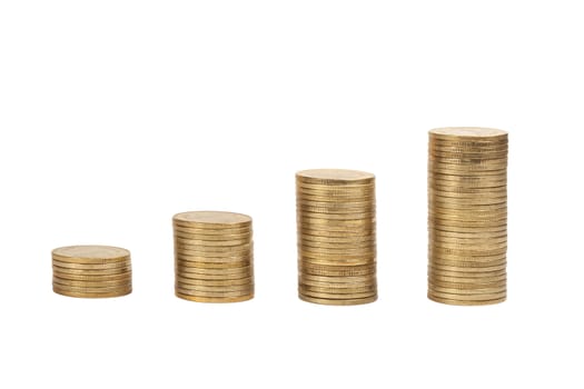 Columns of golden coins isolated