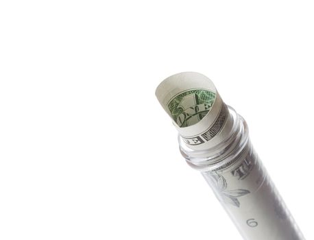 dollar banknote in graduated test tube, the cost of medical health on a white background with space for text