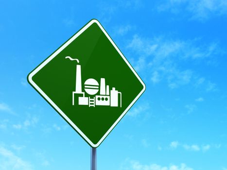 Business concept: Oil And Gas Indusry on green road (highway) sign, clear blue sky background, 3d render