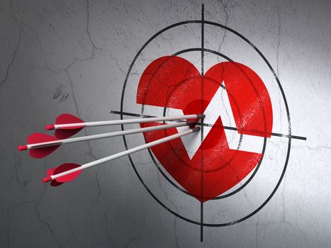 Success Healthcare concept: arrows hitting the center of Red Heart target on wall background