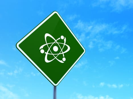 Science concept: Molecule on green road (highway) sign, clear blue sky background, 3d render