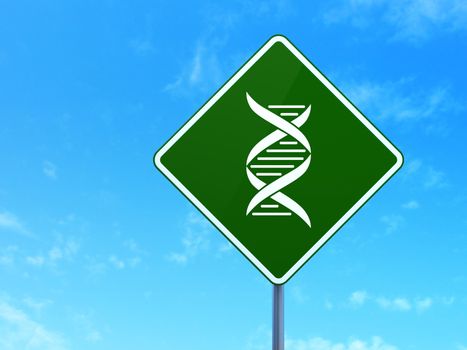 Science concept: DNA on green road (highway) sign, clear blue sky background, 3d render
