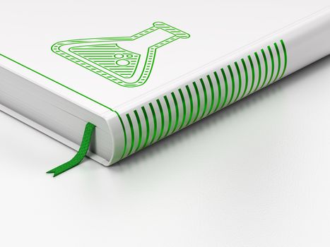 Science concept: closed book with Green Flask icon on floor, white background, 3d render