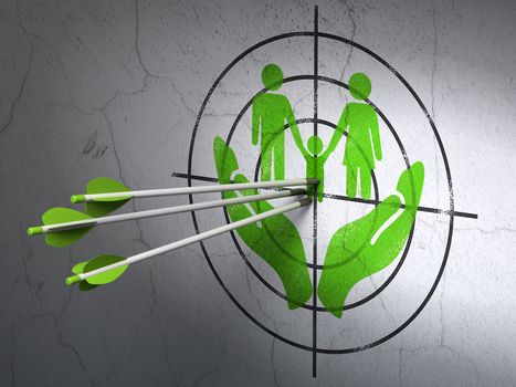 Success Insurance concept: arrows hitting the center of Green Family And Palm target on wall background