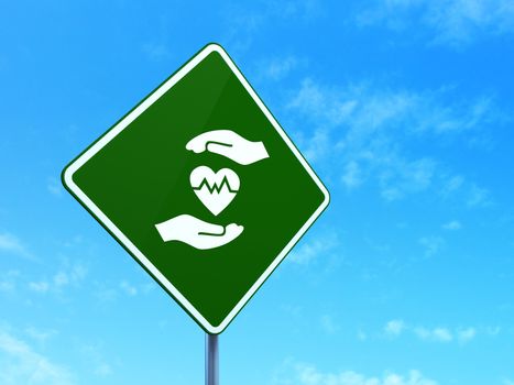 Insurance concept: Heart And Palm on green road (highway) sign, clear blue sky background, 3d render
